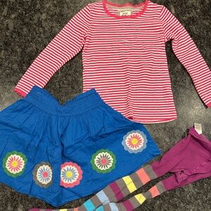 Mini Boden Flower Applique Skirt w/ matching Tshirt and Tights - Girls size 5-6Y